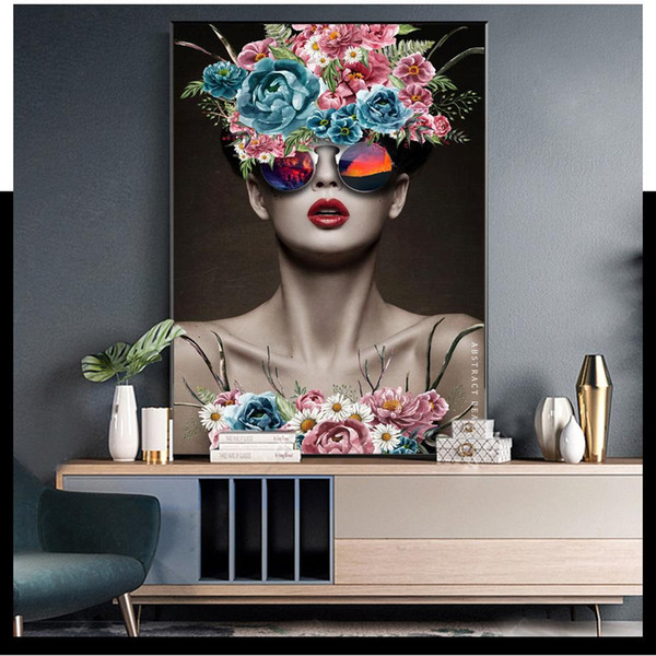 abstract beauty wall art modern girl with glass flowers canvas paintings pop art wall art for living room home decor (no frame)