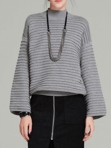 Knitted Ribbed Stand Collar Casual Sweater