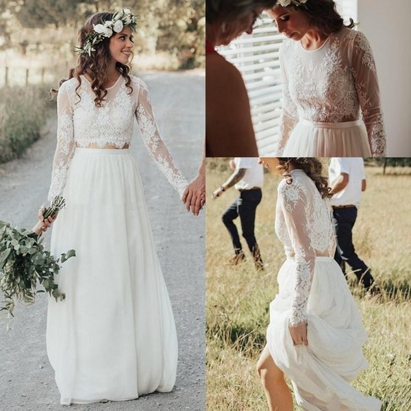 Simple Bohemian A-Line Wedding Dresses New 2021 Two Piece Cheap Lace Chiffon Wedding Dress Illusion Top Appliques Long Sleeve