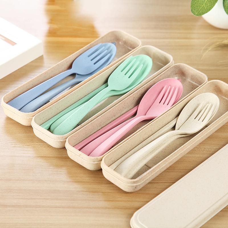 3 Pcs/set Portable Wheat Straw Spoon Fork Chopsticks Cutlery Set Camping Travel Tableware Set With Dinnerware Case