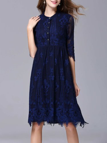 Elegant Guipure Lace Cotton-blend 3/4 Sleeve Midi Dress