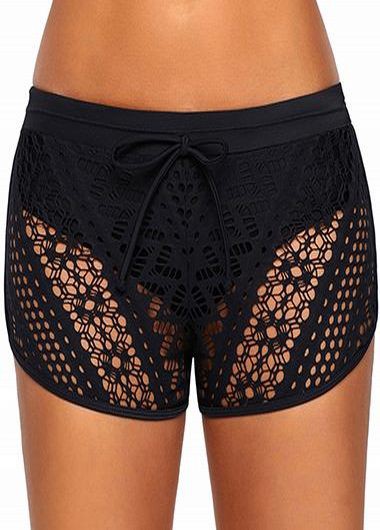 Lace Panel Drawstring Waist Black Swimwear Shorts