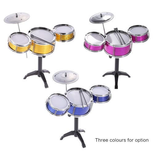 Grupo de percusión niños de los niños de escritorio 3 tambores de juguete del instrumento musical con los palillos de tambor pequeño platillo