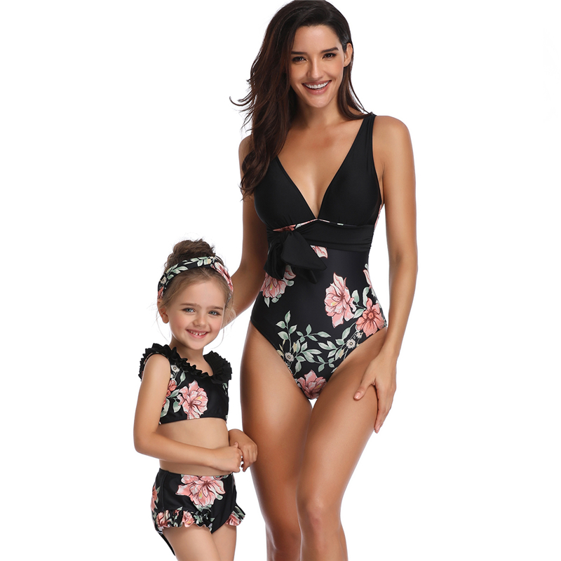 Elegant Floral Print Matching Swimsuits for Mommy and Me