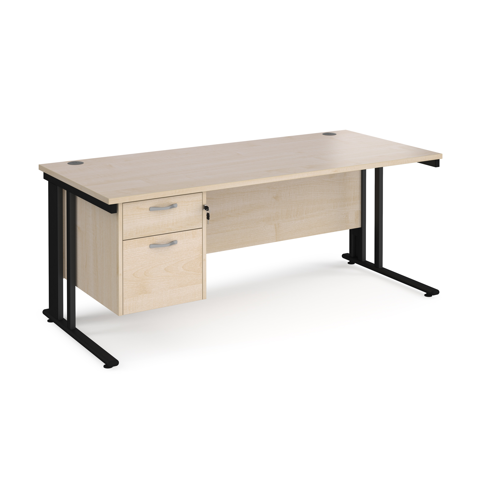 Maestro 25 straight desk 1800mm x 800mm with 2 drawer pedestal - black cable managed leg frame, maple top