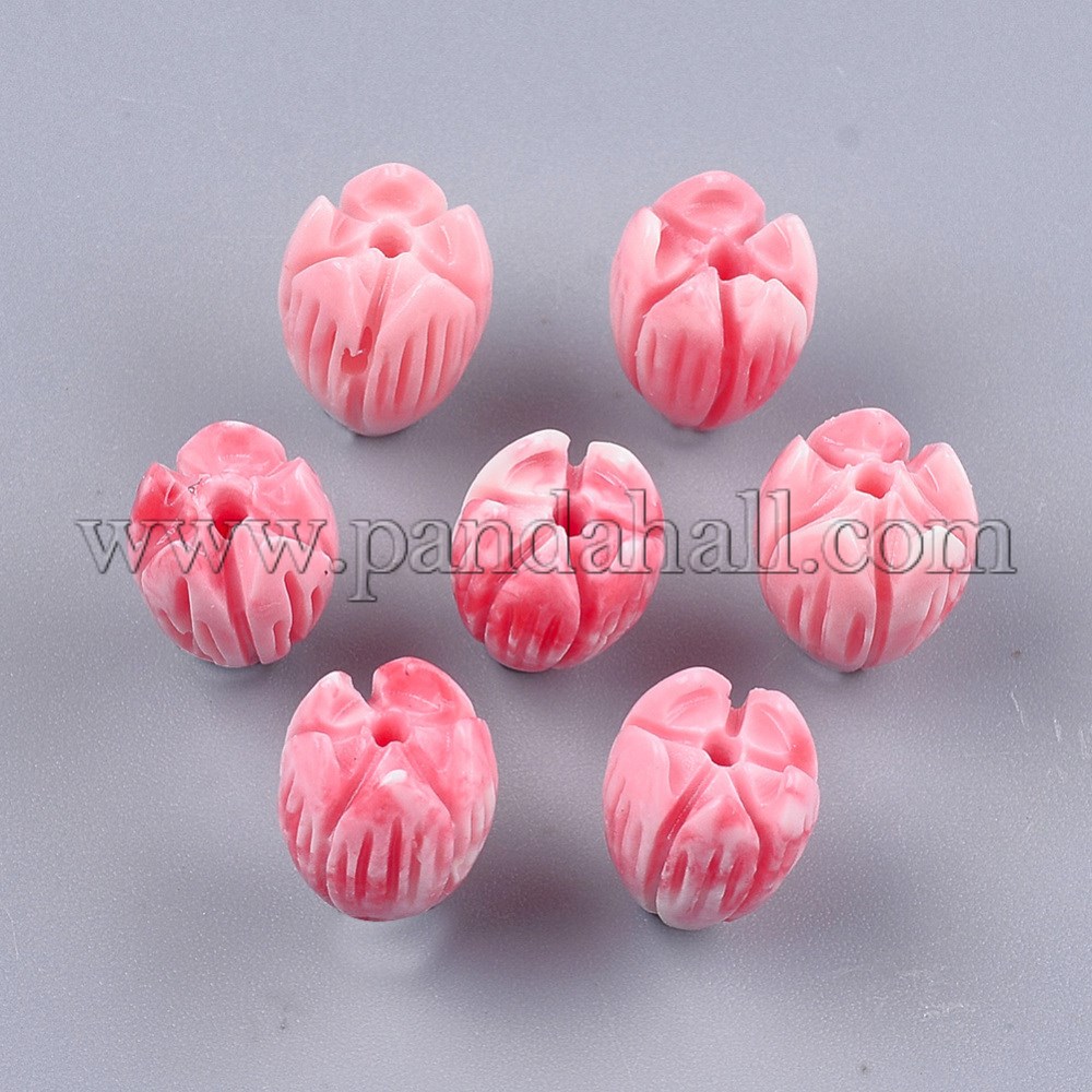 Synthetic Coral Beads, Dyed, Flower Bud, Cerise, 12x9mm, Hole: 1mm