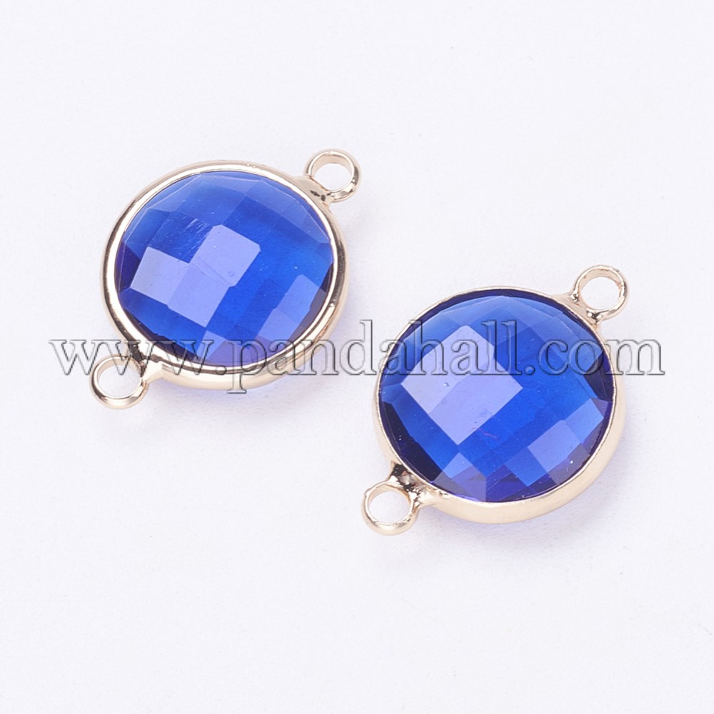 Glass Links/Connectors, with Brass Findings, Faceted, Flat Round, Light Gold, RoyalBlue, 22x14.7x6mm, Hole: 2mm