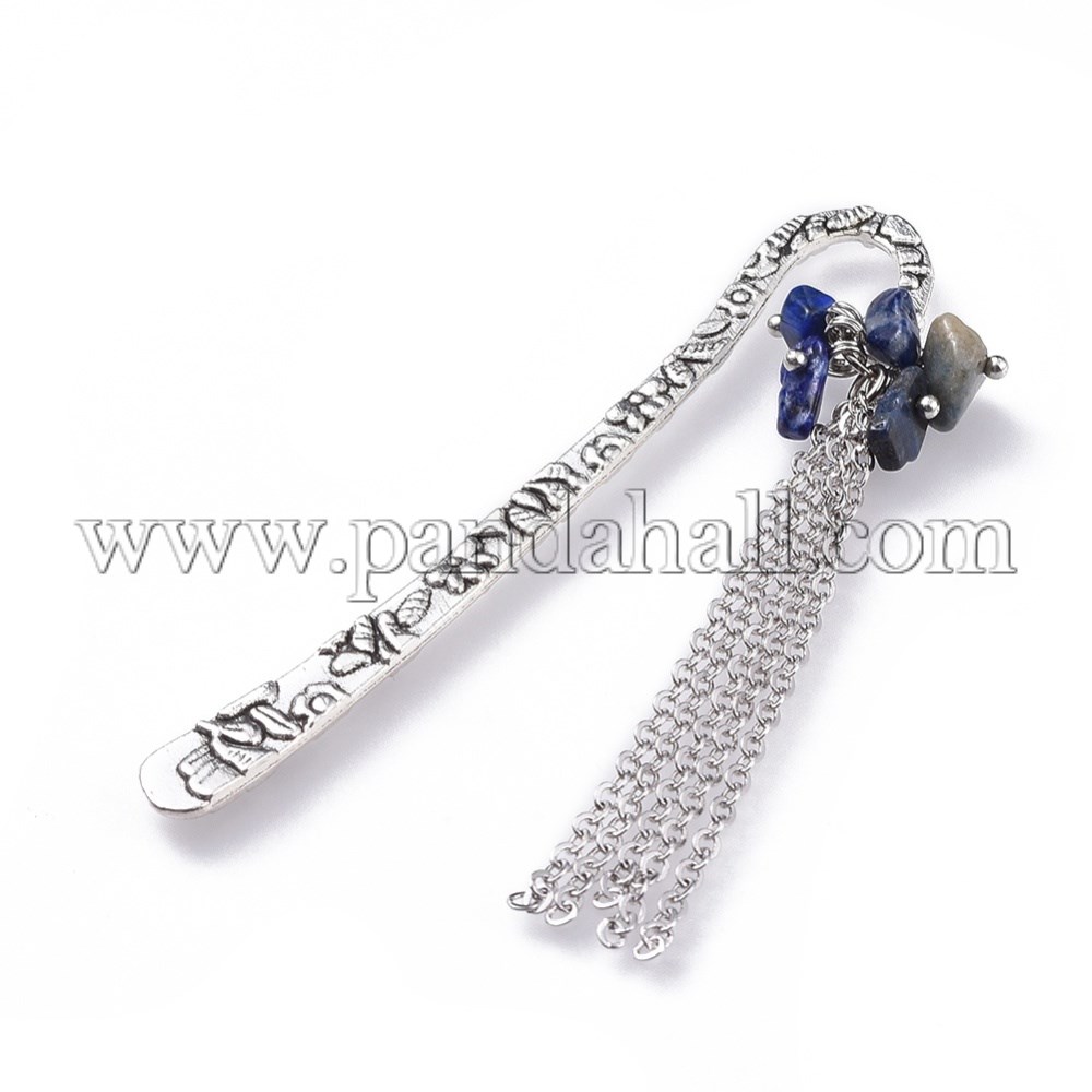 Tibetan Style Alloy Bookmarks, with Natural Lapis Lazuli Chip Beads and Brass Cable Chains, 79.5mm