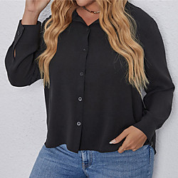 Women's Plus Size Tops Blouse Shirt Plain Button Long Sleeve Crewneck Basic Daily Weekend Polyster Spring Summer Black miniinthebox