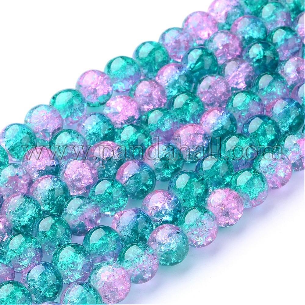 Spray Painted Crackle Glass Beads Strands, Round, DarkCyan, 10mm; Hole: 1.3~1.6mm; about 80pcs/strand, 31.4