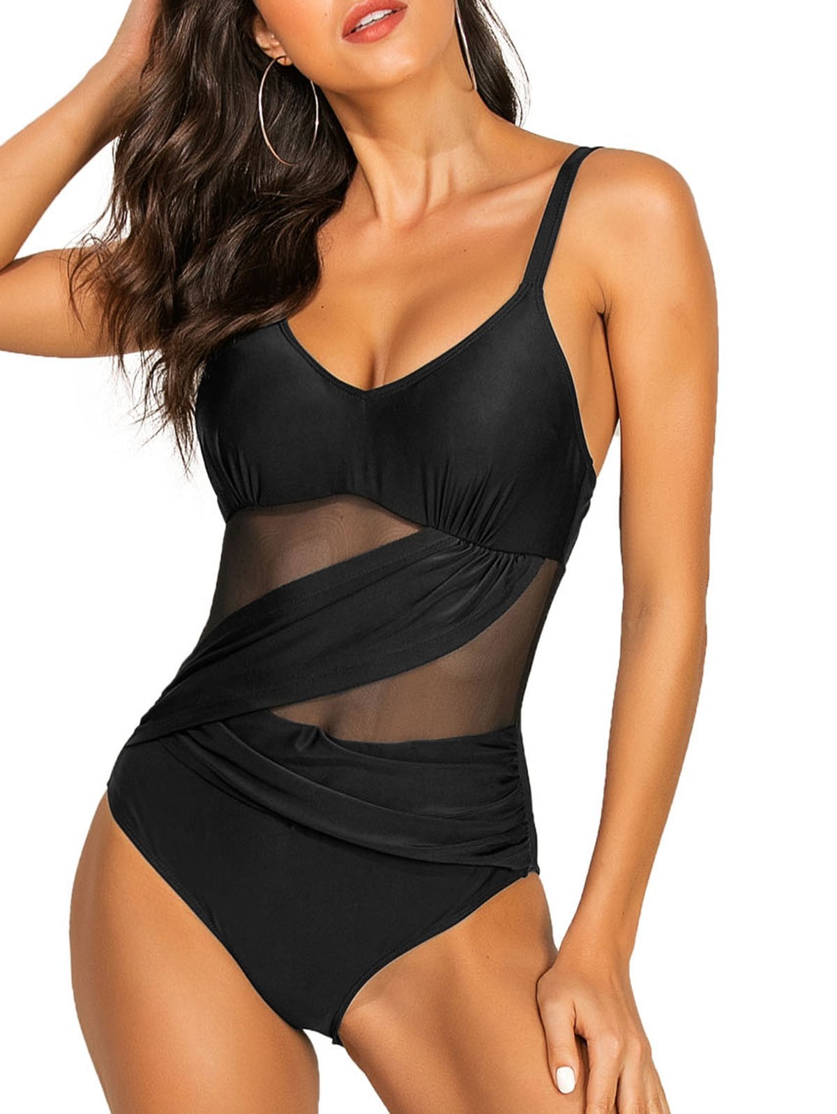 Mesh Insert High Waisted Backless One-piece Swimsuit