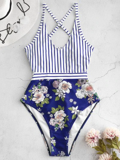 ZAFUL Striped Floral Criss Cross Swimsuit