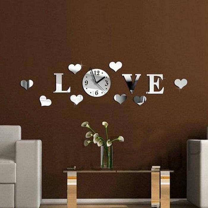 Wholesale- Mirror Wall Clock Large 3D Acrylic Mirror Heart Pattern Wall Clocks Home Decor For Living Room Modern Letter Heart Shape Clock