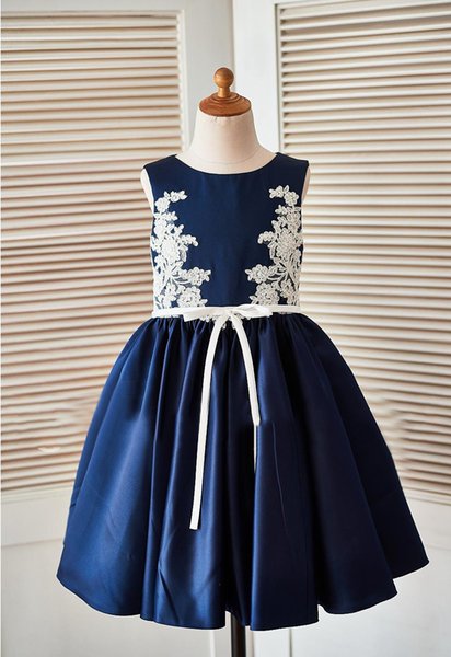 Lovely Navy Blue Satin Applique Tea-Length Girl's Pageant Dresses Flower Girl Dresses Princess Party Dresses Custom Made 2-14 F625146