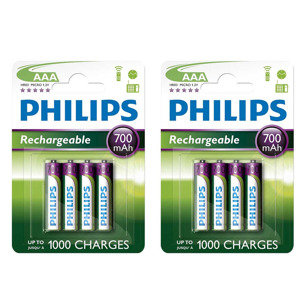 Philips AAA HR03 NiMH Rechargeable Batteries 700mAh - Extra Value 8 Pack