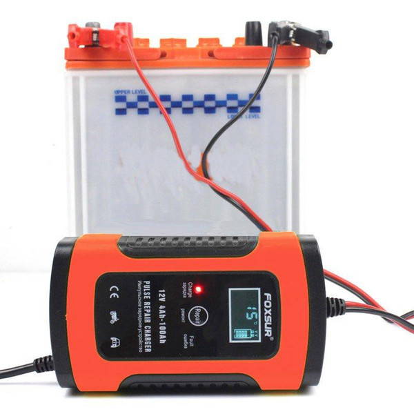 FOXSUR 12V 5A Pulse Repair LCD Battery Charger Red For Car Motorcycle Agm Gel Wet Lead Acid Battery