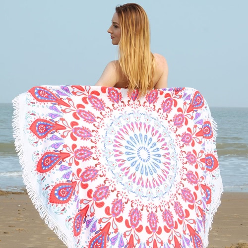 150cm Diameter Round Indian Mandala Beach Towel Wall Hanging Tapestry Mat Picnic Blanket Beach Shawl with Fringe Tassels for Holiday Travel