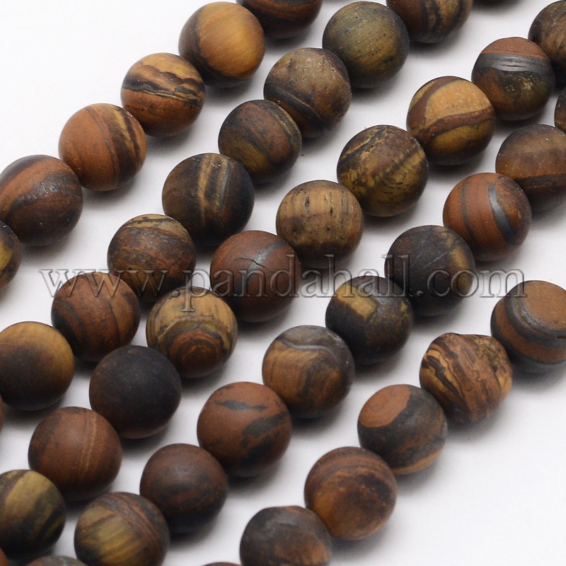 Natural Tiger Eye Beads Strands, Frosted, Round, 8mm, Hole: 1mm; about 48pcs/strand, 15.1