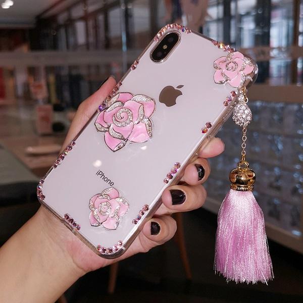 For iphone 11 pro max x xr xs max 6 7 8 plus case fashion luxury rhinestone diamond crystal lovely pink rose flower phone case