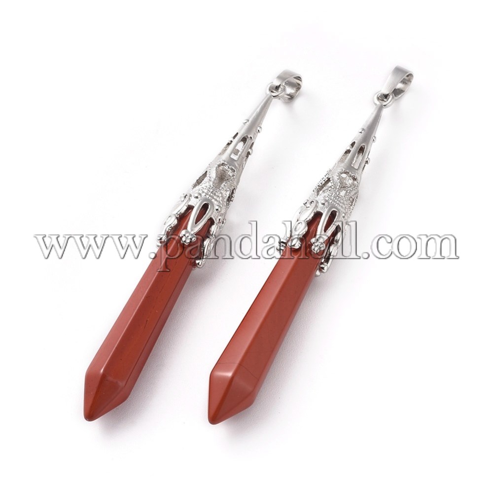 Natural Red Jasper Big Pendants, with Brass Finding, Bullet, Platinum, 75~80x10~10.5mm, Hole: 5x7mm