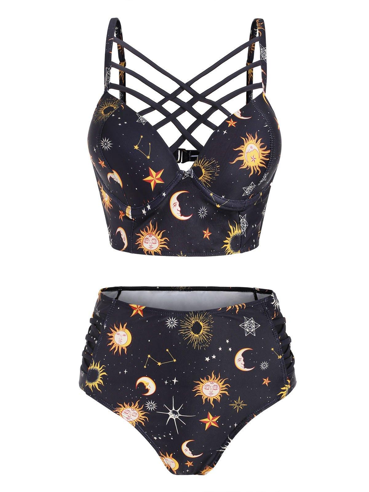 Sun Star Moon Lattice High Waisted Tankini Swimsuit