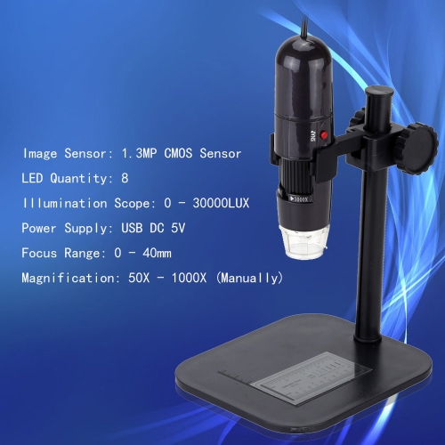 50-1000X 8LED USB Digital Microscope Zoom Endoscope Magnifier with Adjustable Stand True 1.3MP Video Camera