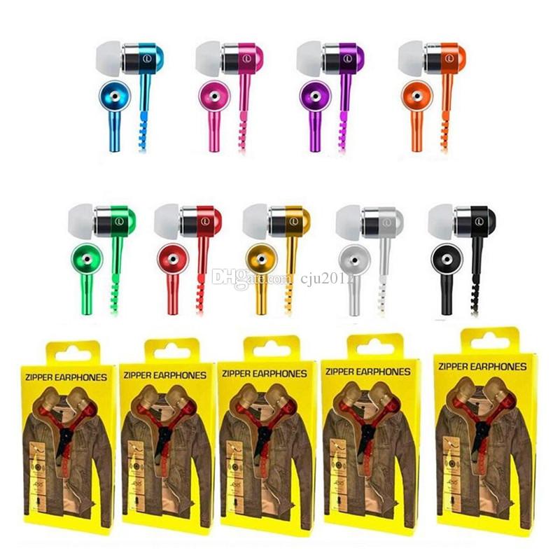 3.5MM Jack Bass Earbuds In-Ear Zip Headphone Metal Earphone Zipper Headset for Iphone Samsung Phone Ipod MP3 MP4 Player with package