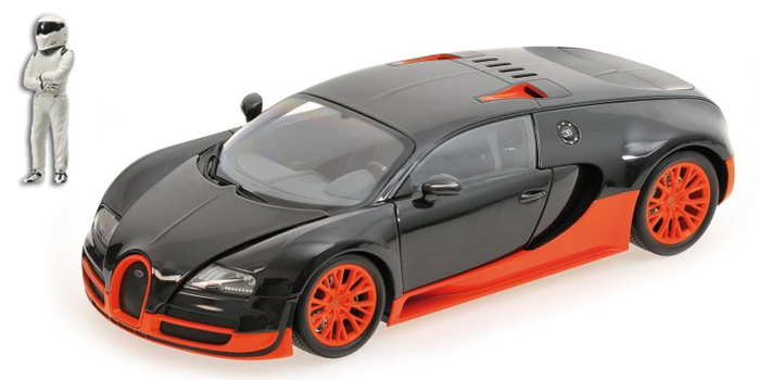 Bugatti Veyron Super Sport with Stig Figure (2011) from Top Gear in Black and Orange (1:18 scale by Minichamps 519101101)