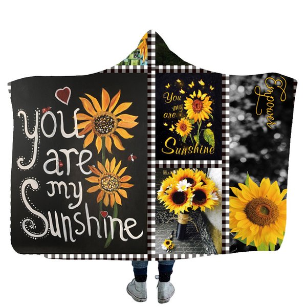 Child Adults Sherpa Fleece Blanket Home Warm Modern Sunflowers Hooded Blankets Wearable Children Kids Gift