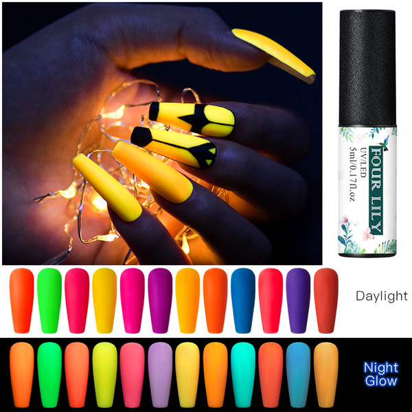 Four Lily 5ml Glow In The Dark Gel Nail Polish Fluorescent Luminous Gel Varnish Long Lasting Colorful Neon Nail Art Lacquer