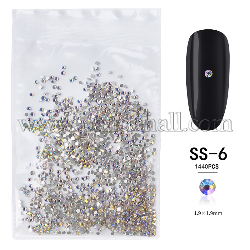 Shiny Glass Rhinestone Flat Back Cabochons, Nail Art Decoration Accessories, Faceted, Half Round, Crystal AB, 1.9mm; about 1440pcs/bag