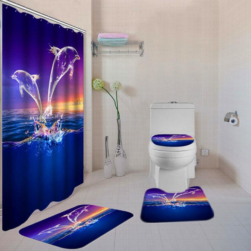 Glowing Dolphin Waterproof Shower Curtain Non-Slip Floor Mat Rug Lid Toilet Cover Set Bathroom Suit Waterproof Bath Curt