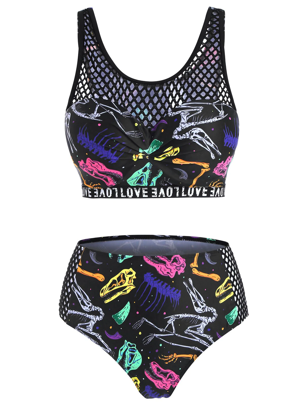 Fishnet Panel Dinosaur Skeleton Print Push Up Tankini Swimwear
