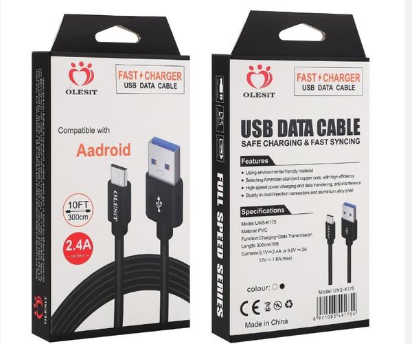 Olesit 2M 6.6FT 3M 10FT 3.1A fast charger Micro USB Cables Data type-c cable for samsung huawei htc LG with package