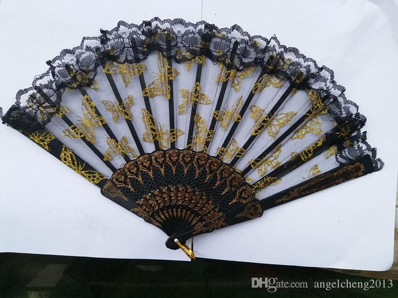 Chinese Style Lace Gilt Edge Plastic Fan Needlepoint Gold Butterfly Transparent Lace Plastic Handheld Folding Fans 60pcs / lot