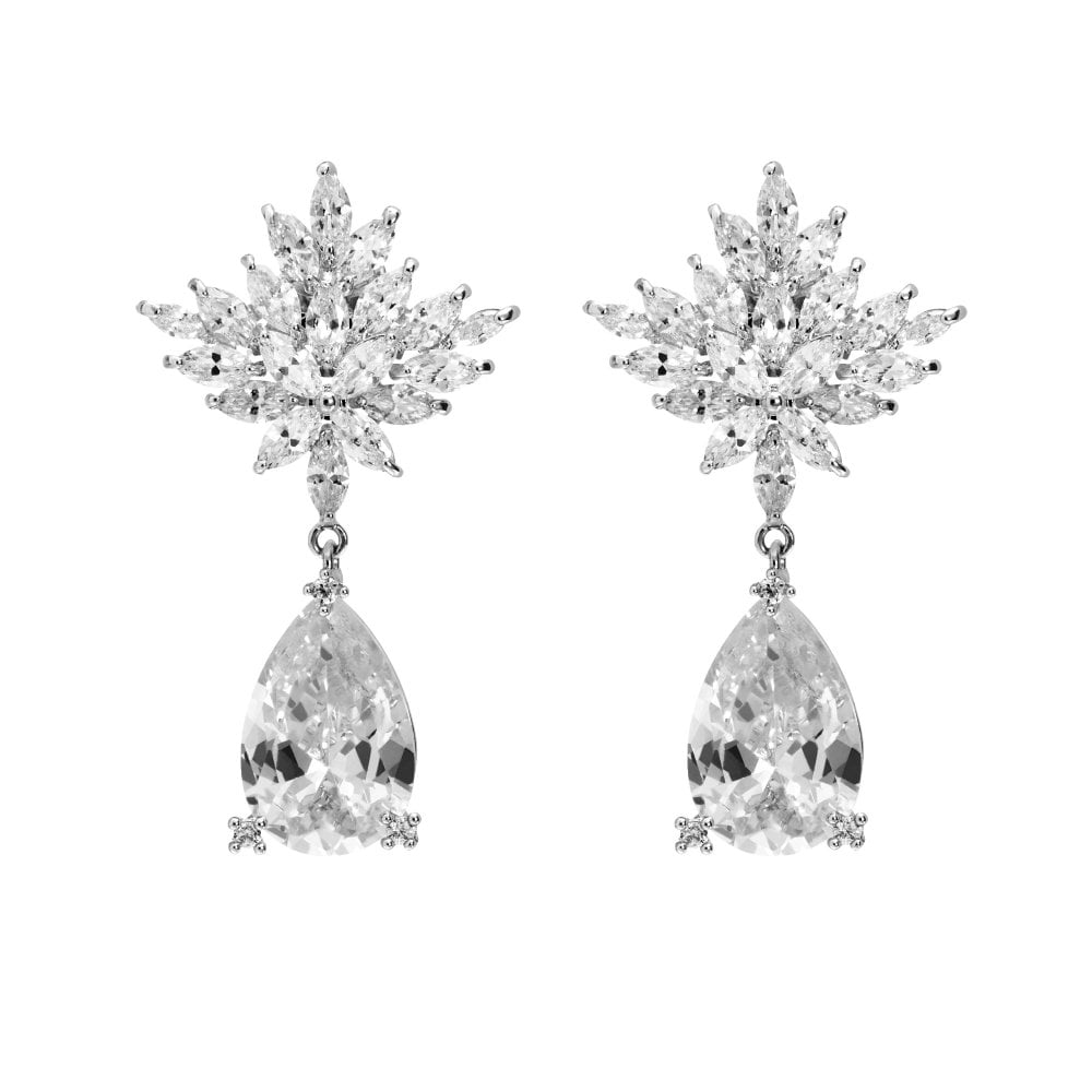 Silver Plated Floral Pear Drop Crystal Earring