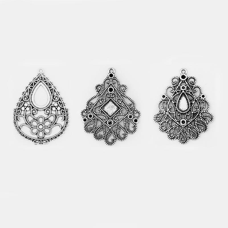 4pcs Antique Silver Hollow Open Filigree Lacework Water Drop Charms Pendant For Necklace Earring Jewelry Findings Accessories