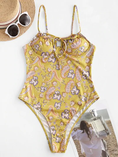 ZAFUL Paisley High Cut Tie Ribbed One-piece Swimsuit