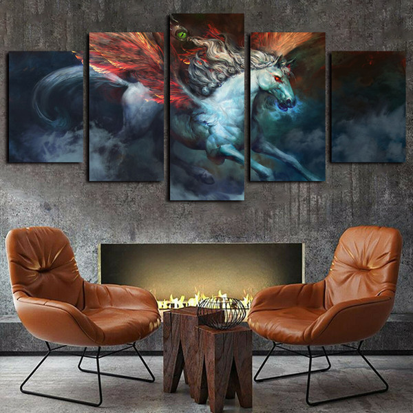 5 panels canvas prints wall art paintings abstract animal flying white horse artworks on canvas oil paintngs giclee wall decor posters
