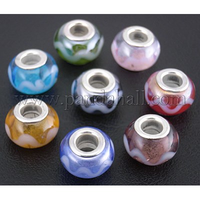 Lampwork European Beads, Large Hole Beads, Lustre, with Platinum Color Brass Core, Rondelle, Mixed Color, about 13~15mm wide, 9~12mm long; hole: 4~5mm