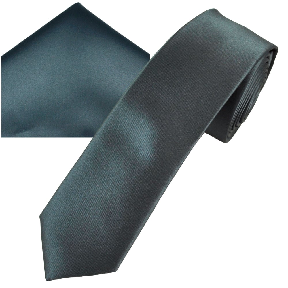 Plain Charcoal Grey Men's Skinny Tie & Pocket Square Handkerchief Set