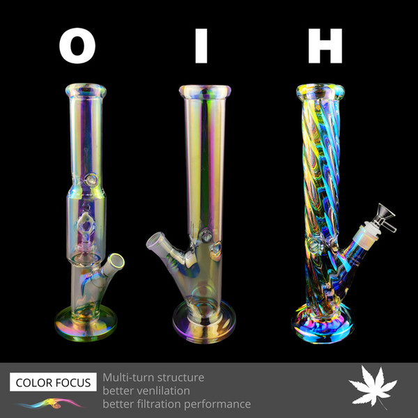 Rainbow and Glow In Dark Green Bongs Water Pipes with 1 Piece Downstem and 1 Piece Glass Bowl