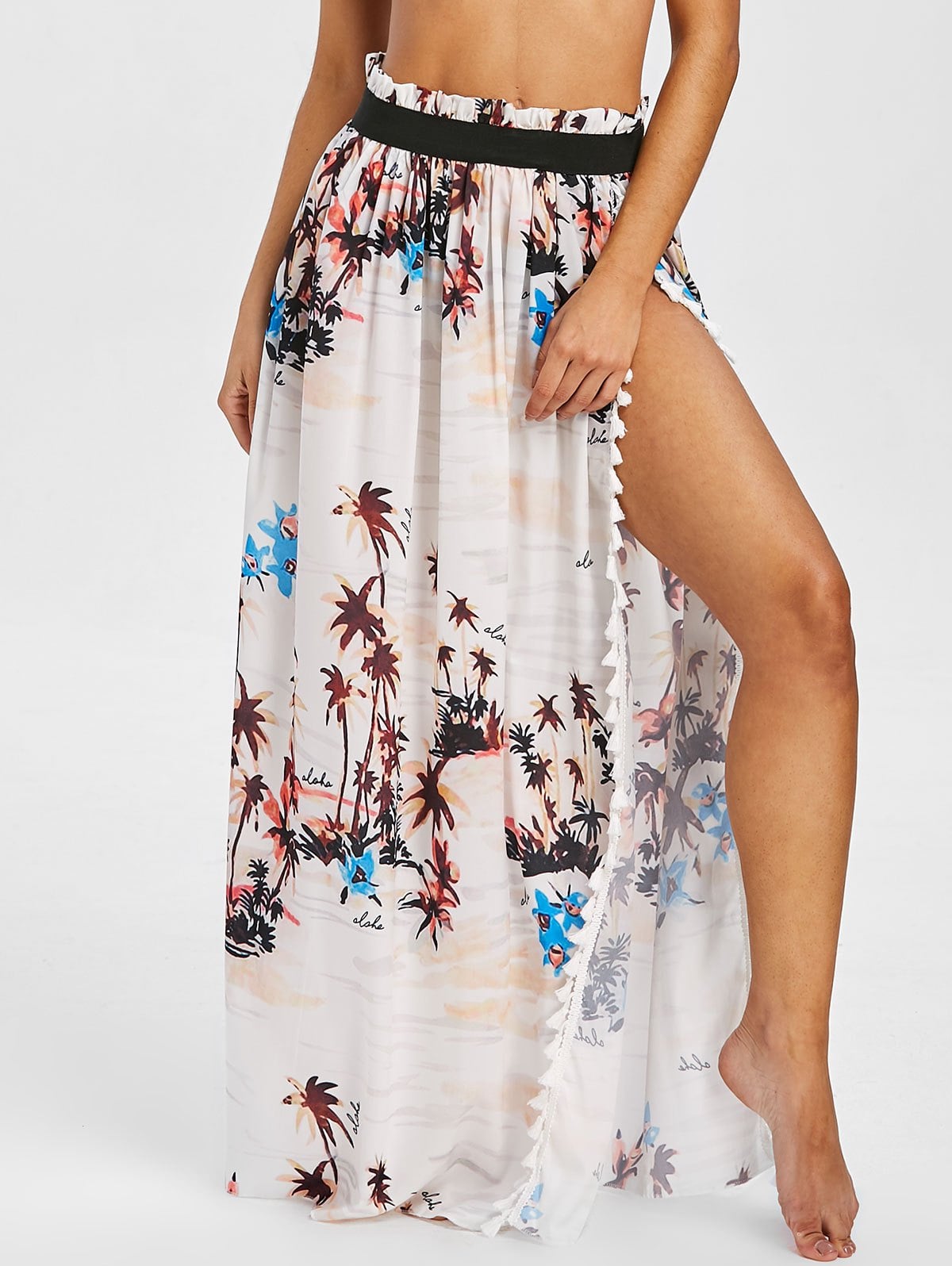 Palm Tree Print Tassels Maxi Cover Up Skirt