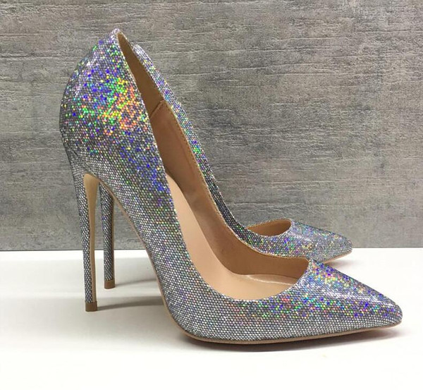 2019 free shipping fashion women sexy girls silver sequined Glitter Poined Toes high HEELED heels shoes Stiletto Heel shoes pumps 12cm 8cm