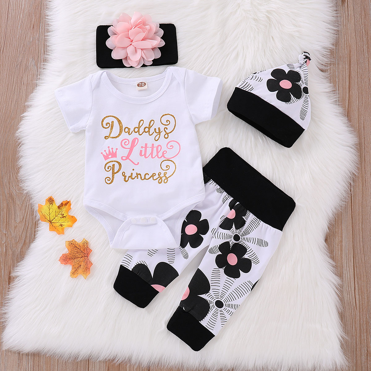 4-piece Letter Print Bodysuit, Floral Print Pants, Hat and Flower Headband for Baby Girl