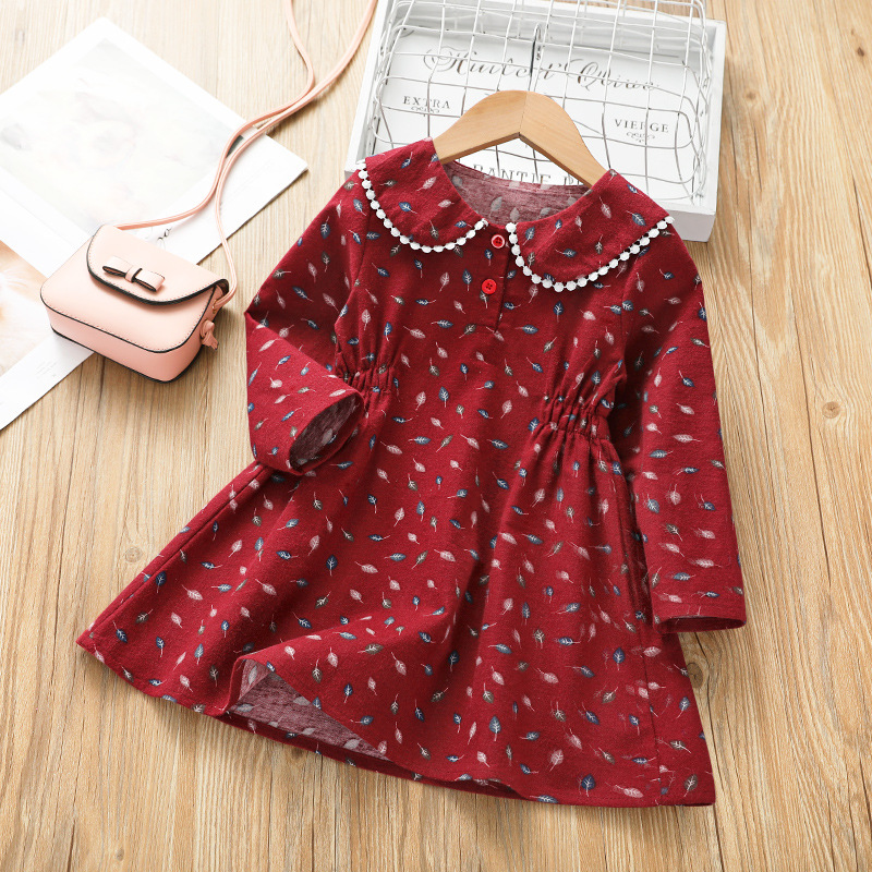 Baby / Toddler Girl Fashionable Leaf Allover Print Doll Collar Long-sleeve Princess Dress