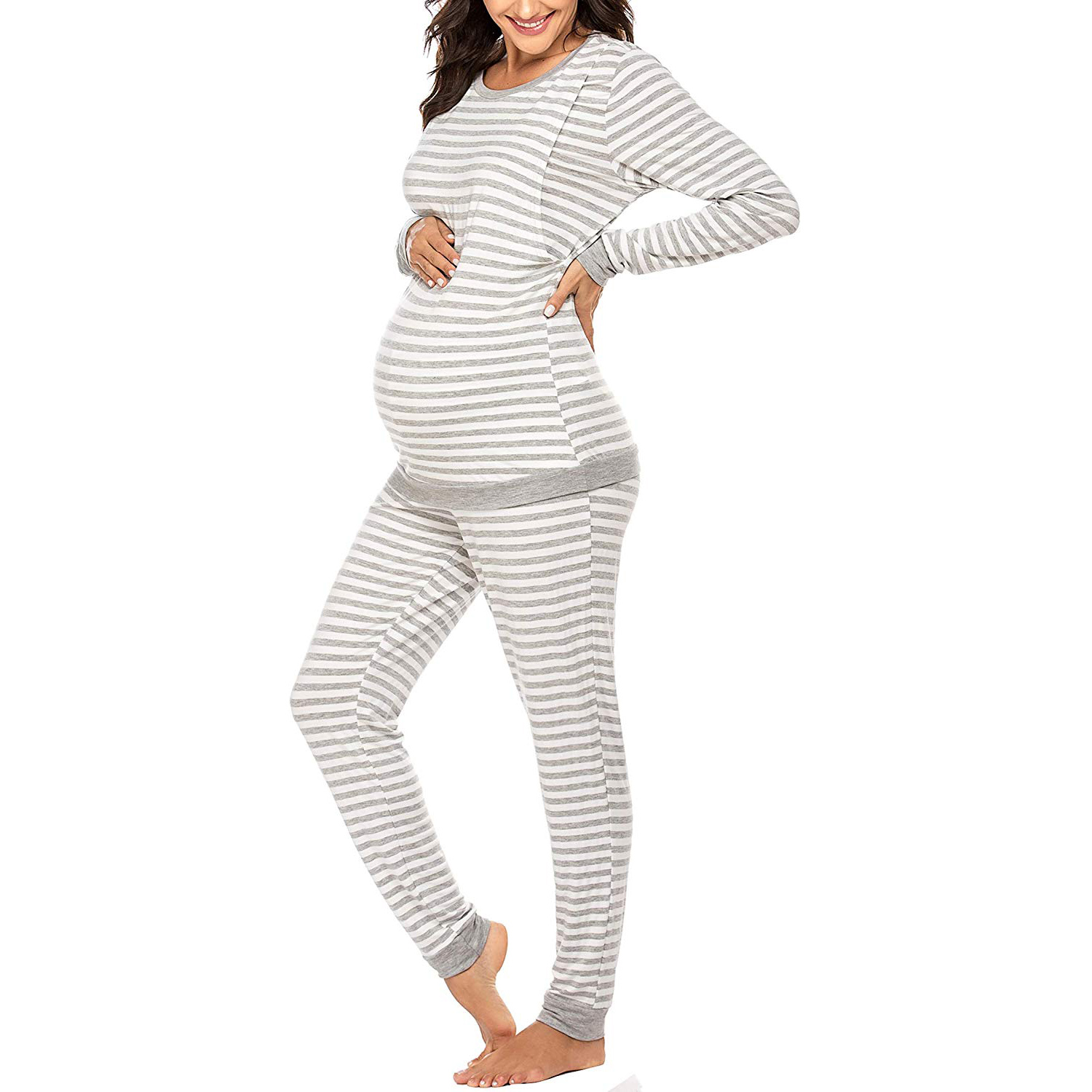Cozy Striped Long-sleeve Nursing Pajamas Set（ Random printing position）