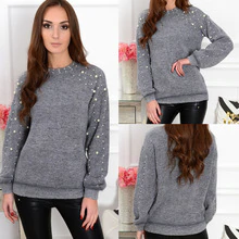 Women Fall Clothing Fashion Women Round Neck Sweatshirt for Women Solid Color Gray Beading Pullovers Casual Sweatshirts