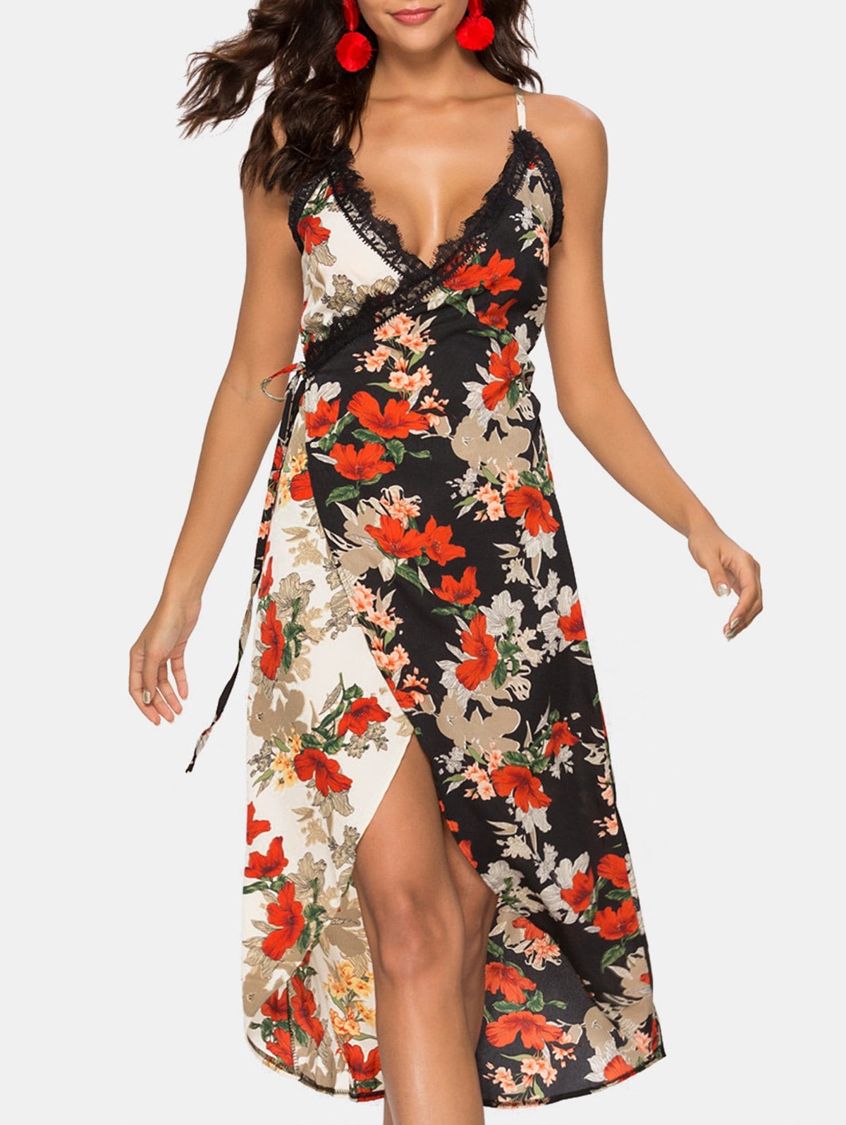 Spaghetti Strap Floral Print Front Slit Dress