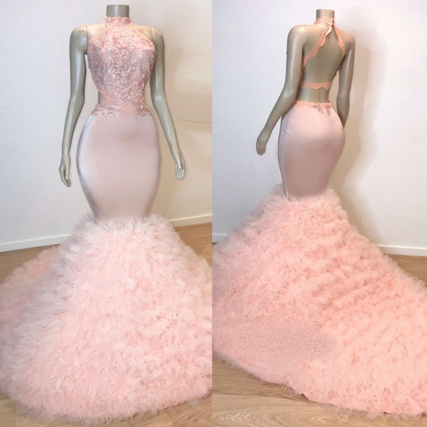 Light Pink Mermaid Prom Dresses 2019 Sleeveless High Neck Lace Sequined Evening Gowns Backless Tiered Sweep Train Cocktail Party Dresses